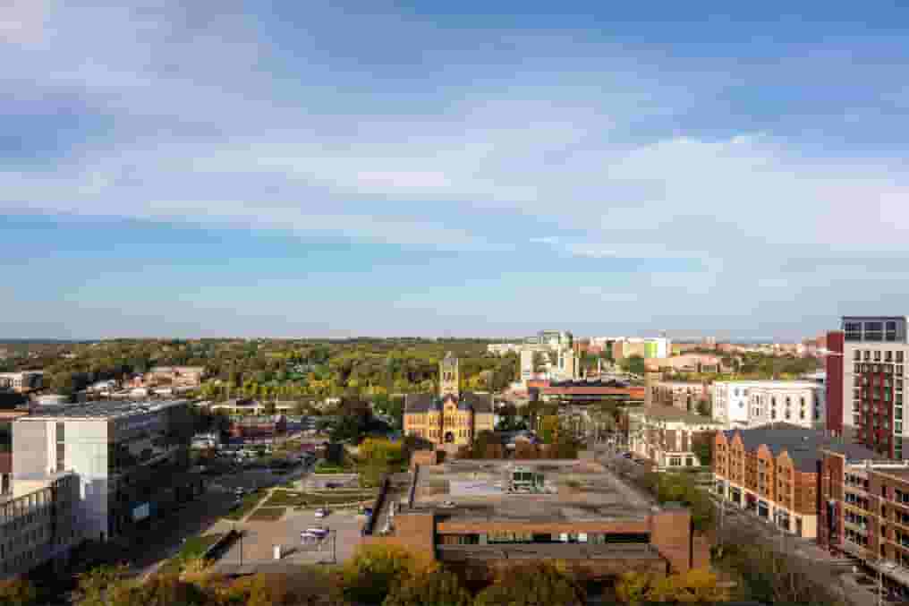 View of The University of Iowa campus from Rise at Riverfront Crossings